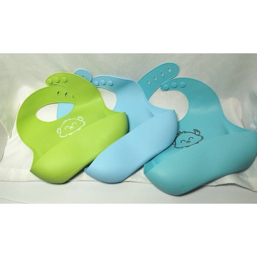Silicone Bibs By KeaBabies! Lot Of 3 Adjustable Bibs In Blue, Teal & Green. EUC